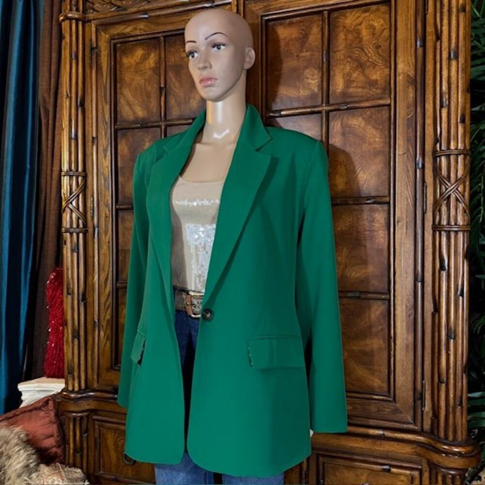 NWOT Kelly Green Leopard Lined Classic Blazer - Picture 2 of 12